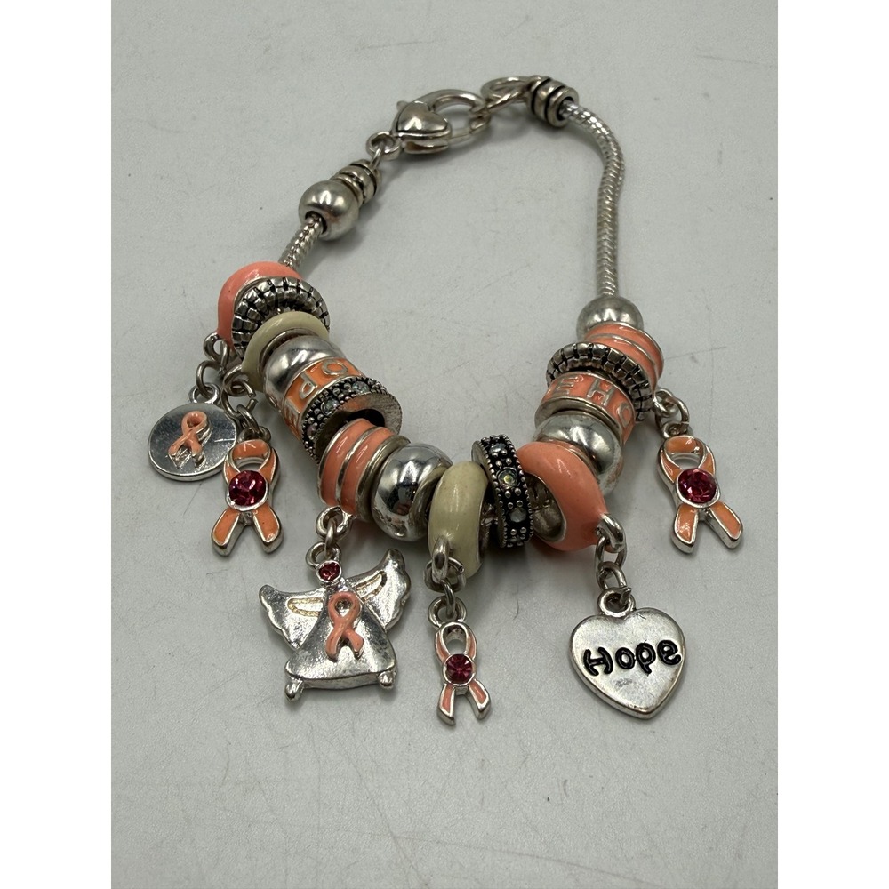 Breast Cancer Awareness Hope Angel Ribbon Charm Bracelet Silver Tone Pink Peach